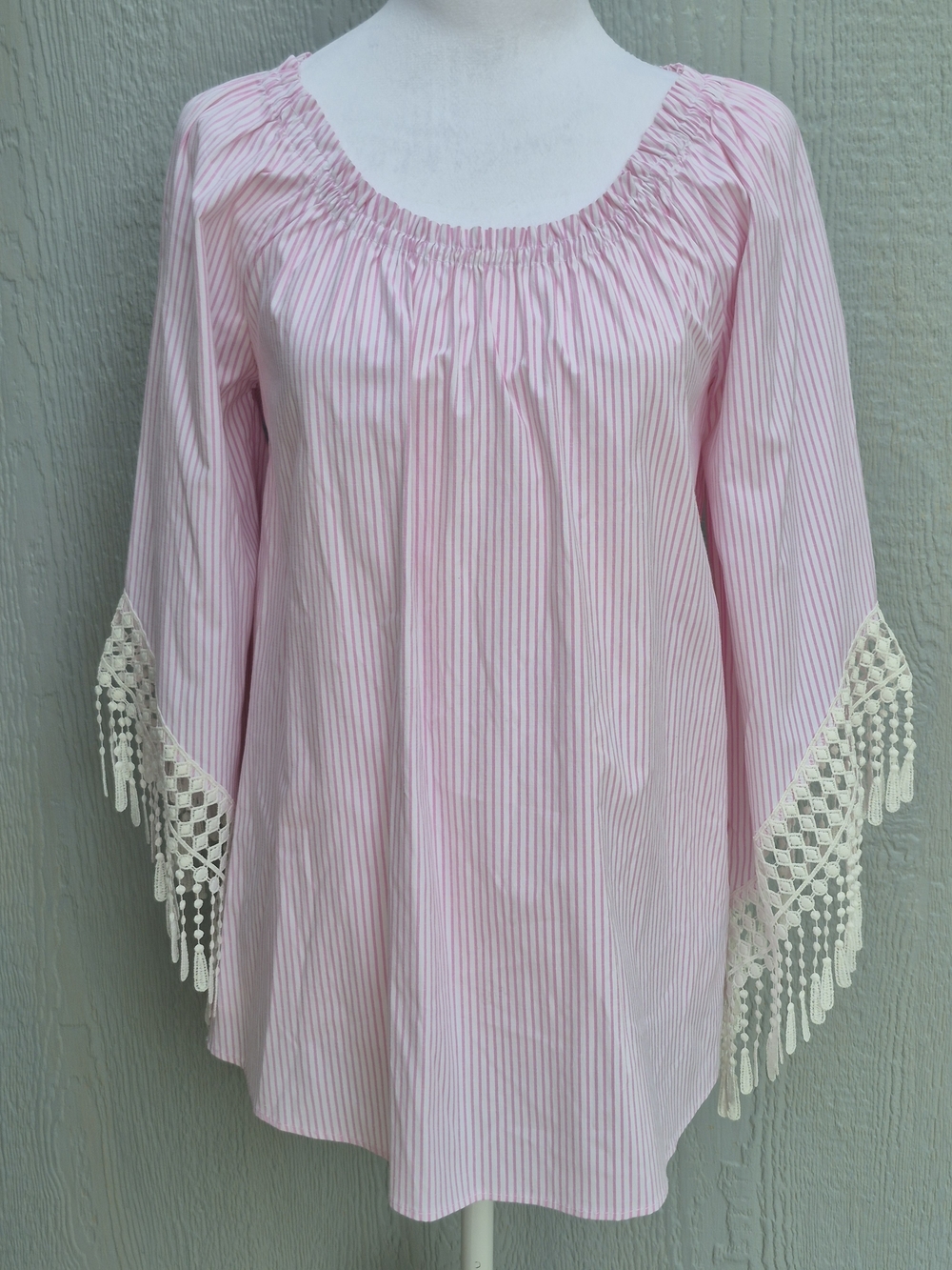 SPENSE Pink White Striped Crochet Lace Tassel Off-Shoulder Women's Blouse Size M